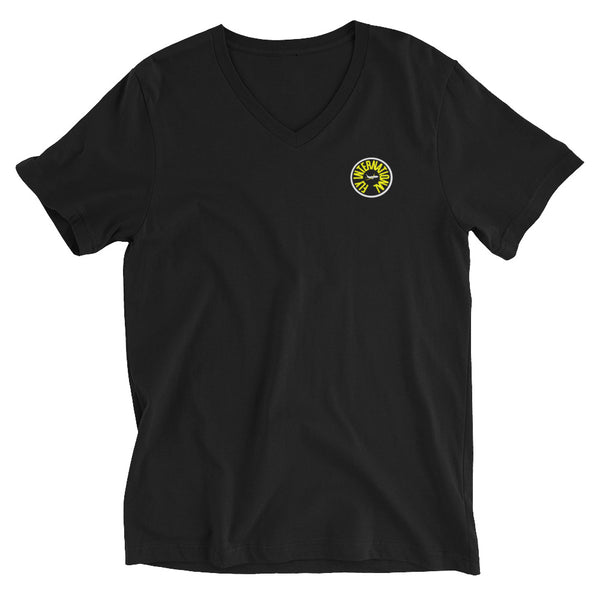 White / Yellow Logo Unisex Short Sleeve V-Neck T-Shirt